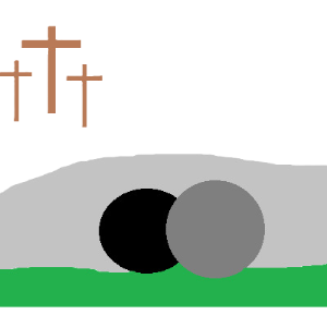 An image of a large stone resting beside a dark opening in a rockface. In the upper left corner, there are three crosses